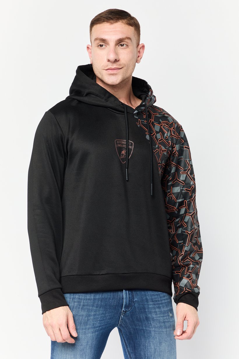 Men Brand Logo Long Sleeves Hooded Sweatshirt, Black