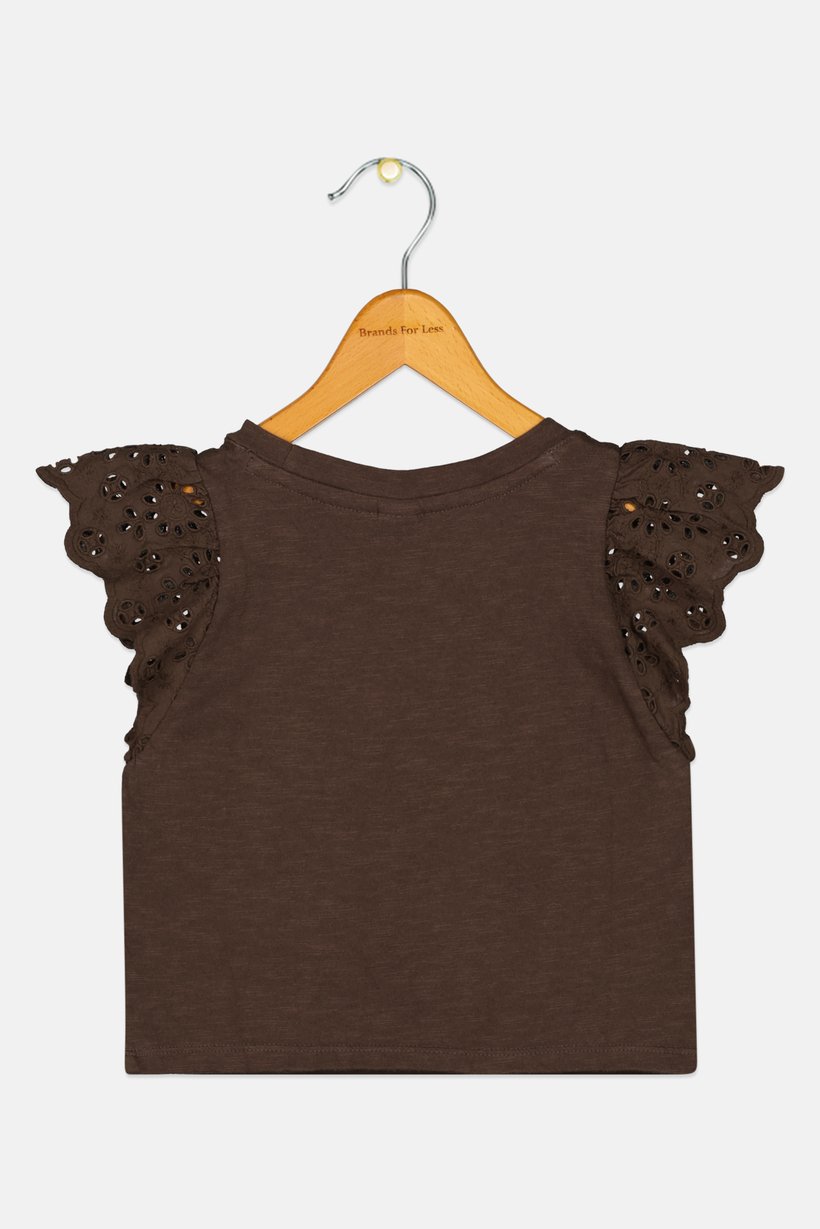 Toddlers Girl Round Neck Short Sleeve Plain Top, Dark Brown