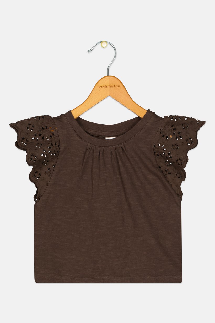 Toddlers Girl Round Neck Short Sleeve Plain Top, Dark Brown