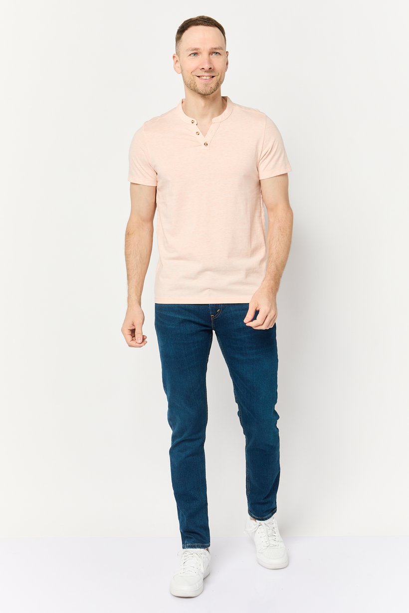Men Band Neck Short Sleeve Solid T Shirt, Peach