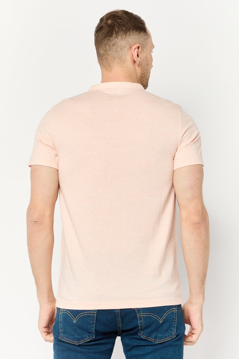 Men Band Neck Short Sleeve Solid T Shirt, Peach