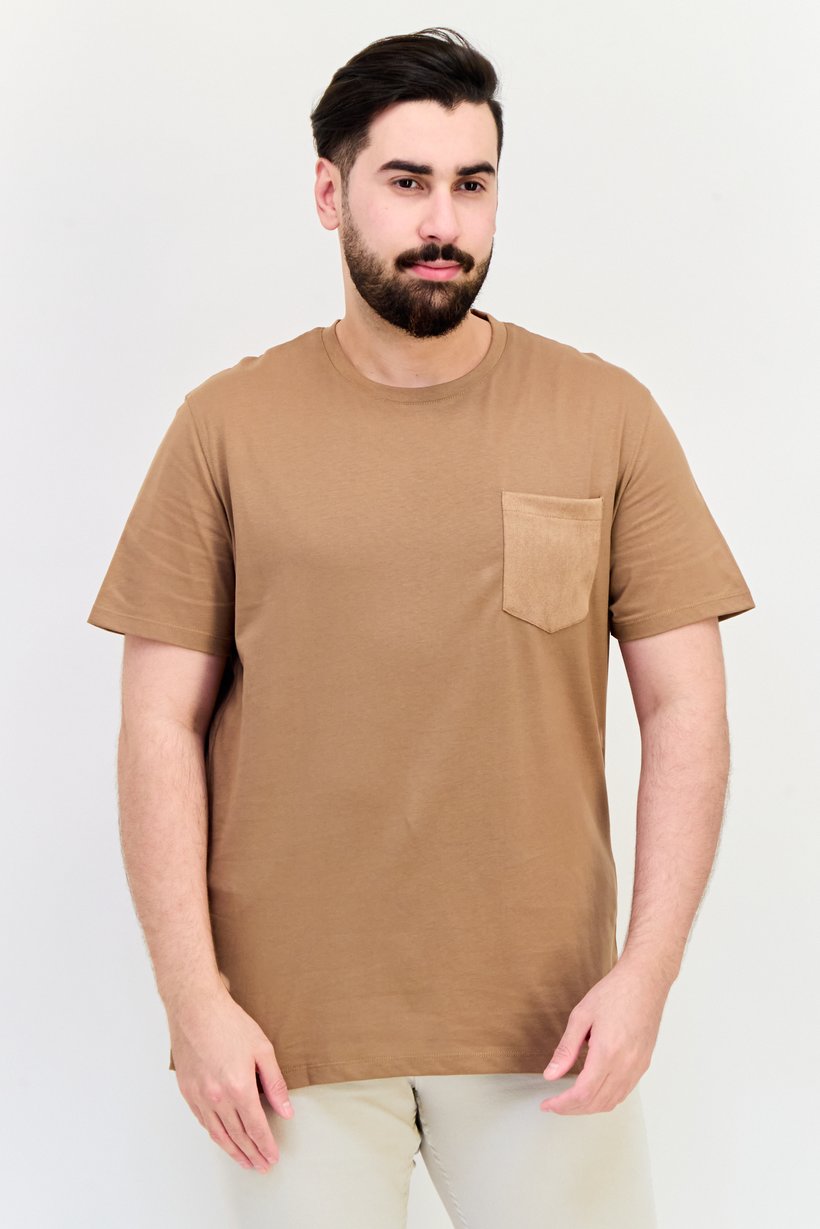 Men Crew Neck Short Sleeves Plain T-Shirt, Brown