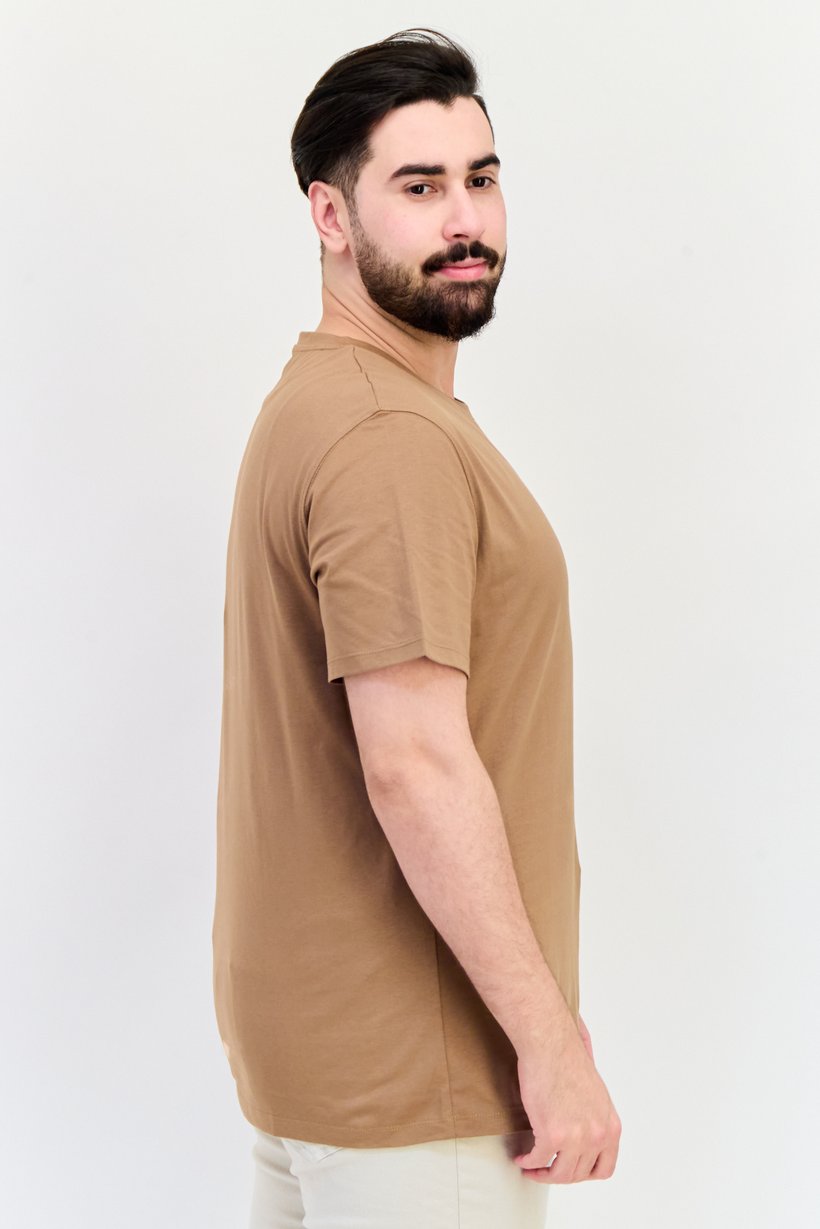 Men Crew Neck Short Sleeves Plain T-Shirt, Brown
