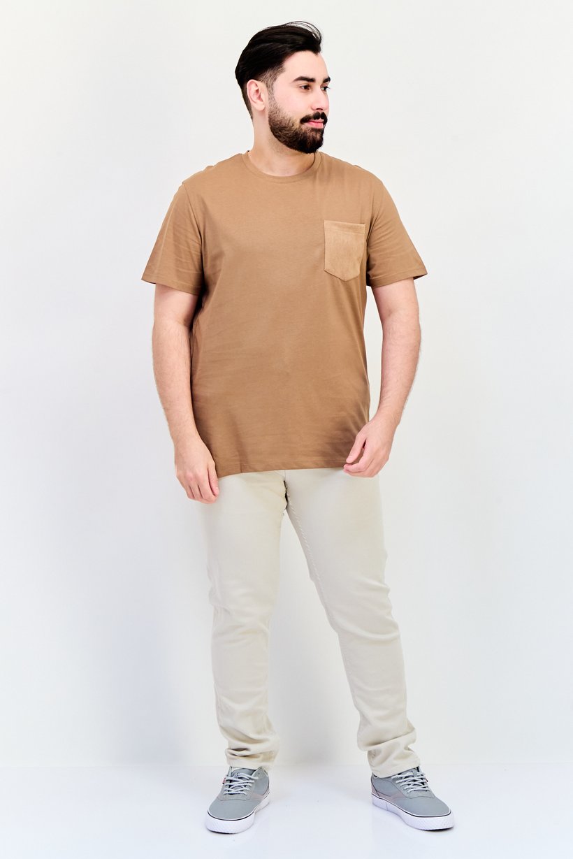 Men Crew Neck Short Sleeves Plain T-Shirt, Brown