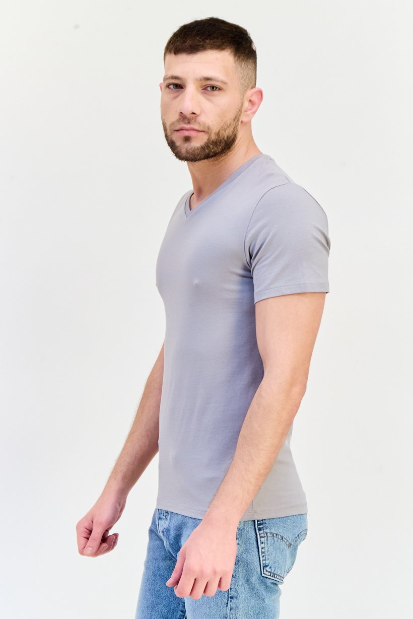 Men V-Neck Short Sleeves Plain T-Shirt, Grey