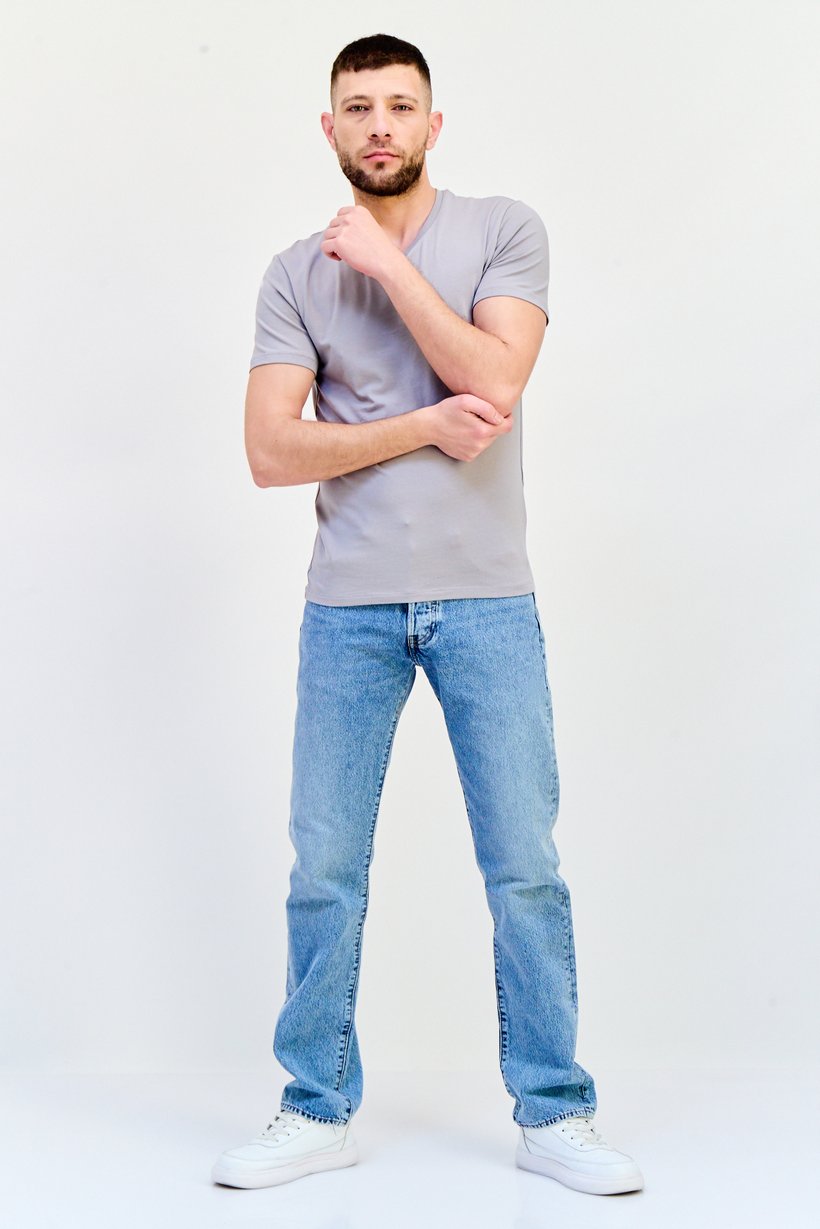 Men V-Neck Short Sleeves Plain T-Shirt, Grey
