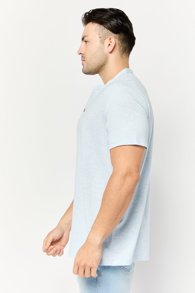 Men Band Collar Short Sleeve Solid T Shirt, Light Blue
