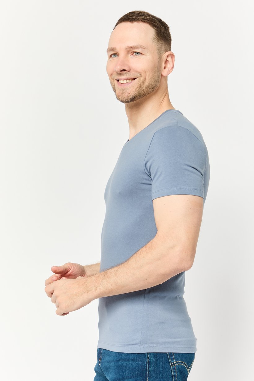 Men V Neck Short Sleeve Solid T Shirt, Stone Blue