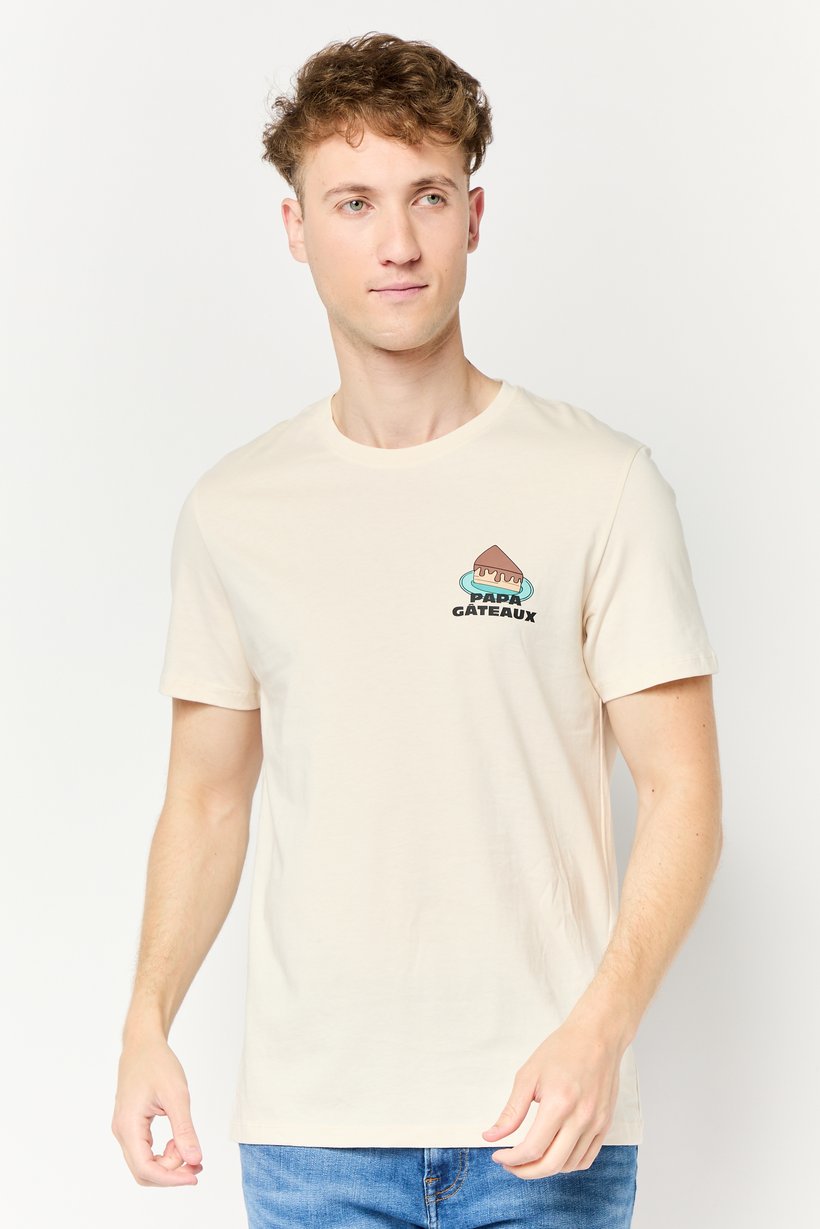 Men Crew Neck Short Sleeve Graphic Print T-shirt, Beige