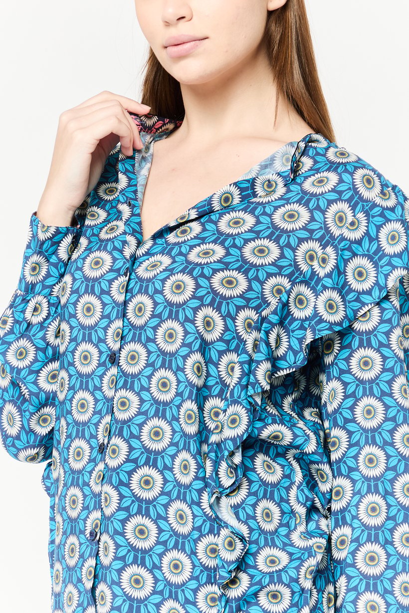 Women Band Collar Long Sleeves Graphic Print Blouse, Multicolor