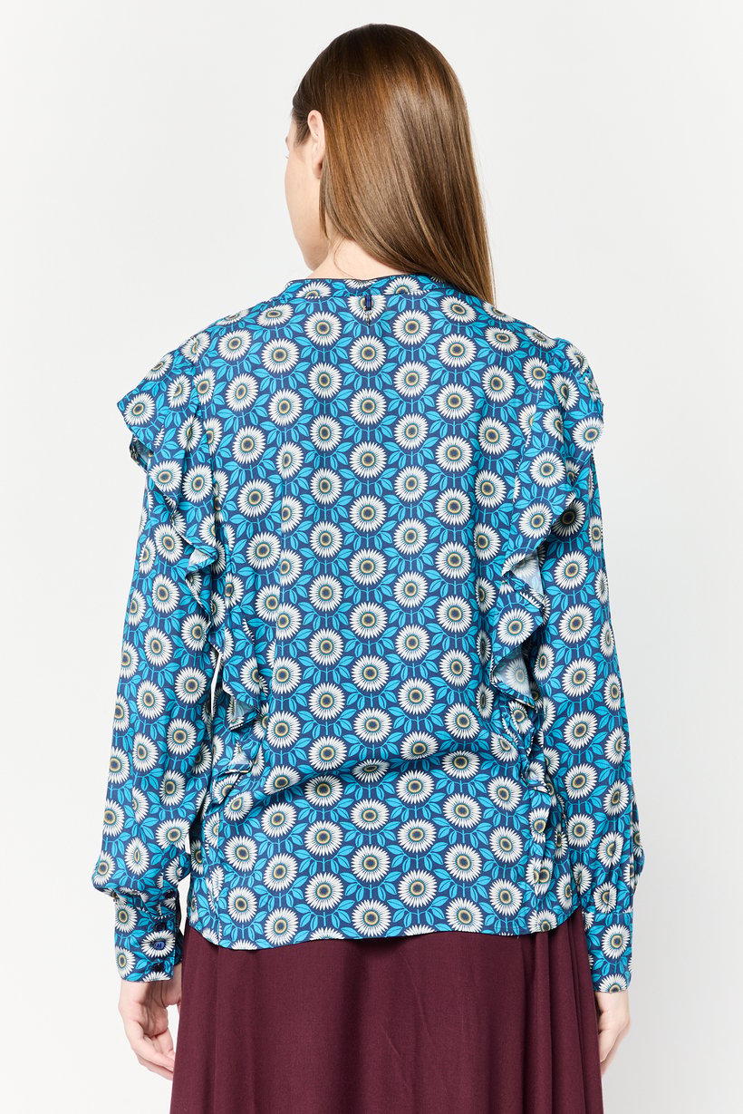 Women Band Collar Long Sleeves Graphic Print Blouse, Multicolor