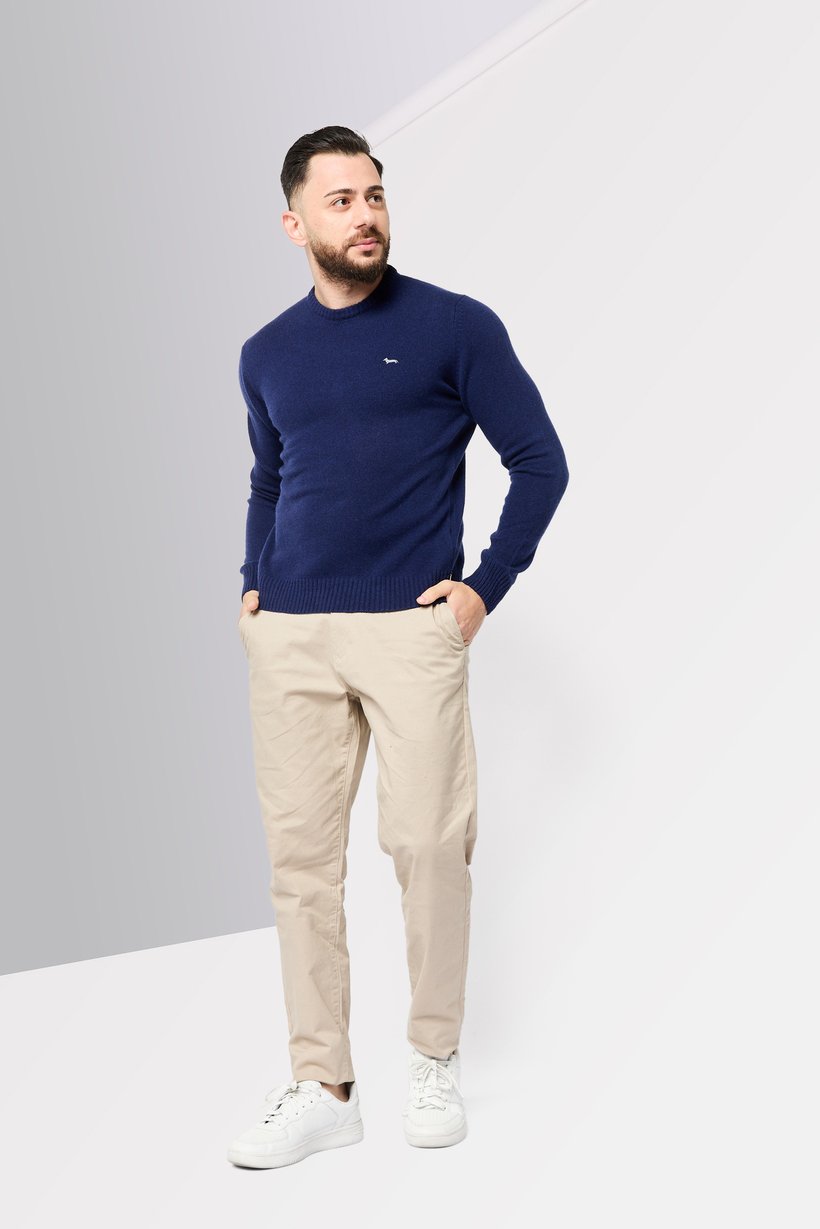 Men Ribbed Neck Embroidered Sweater, Navy