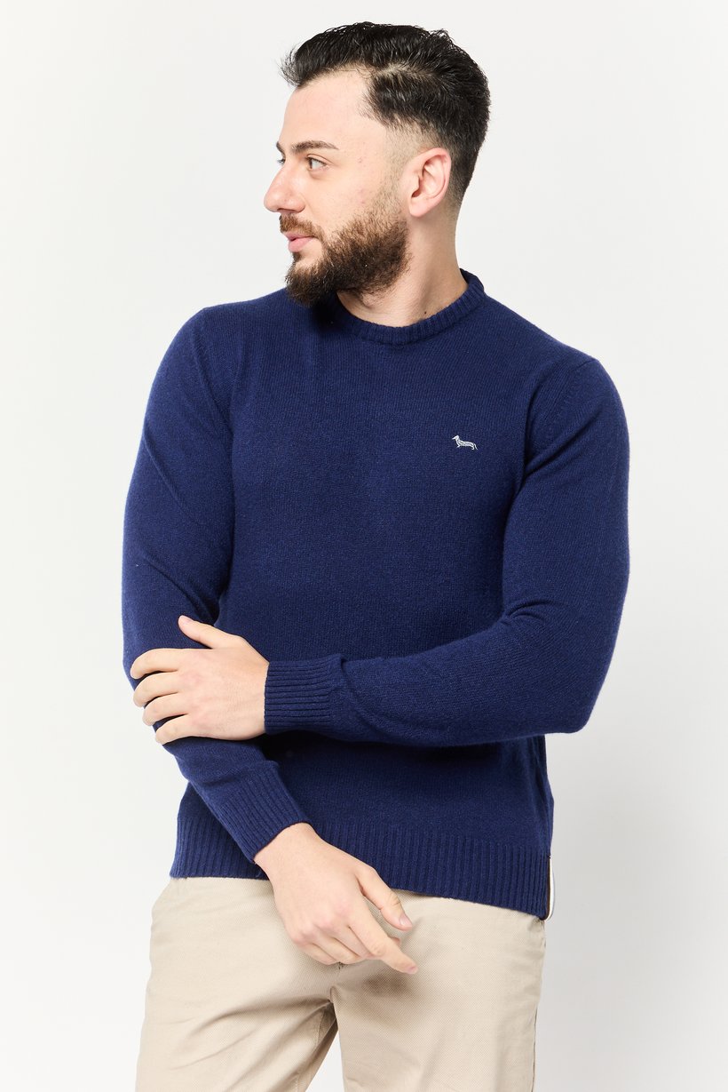Men Ribbed Neck Embroidered Sweater, Navy