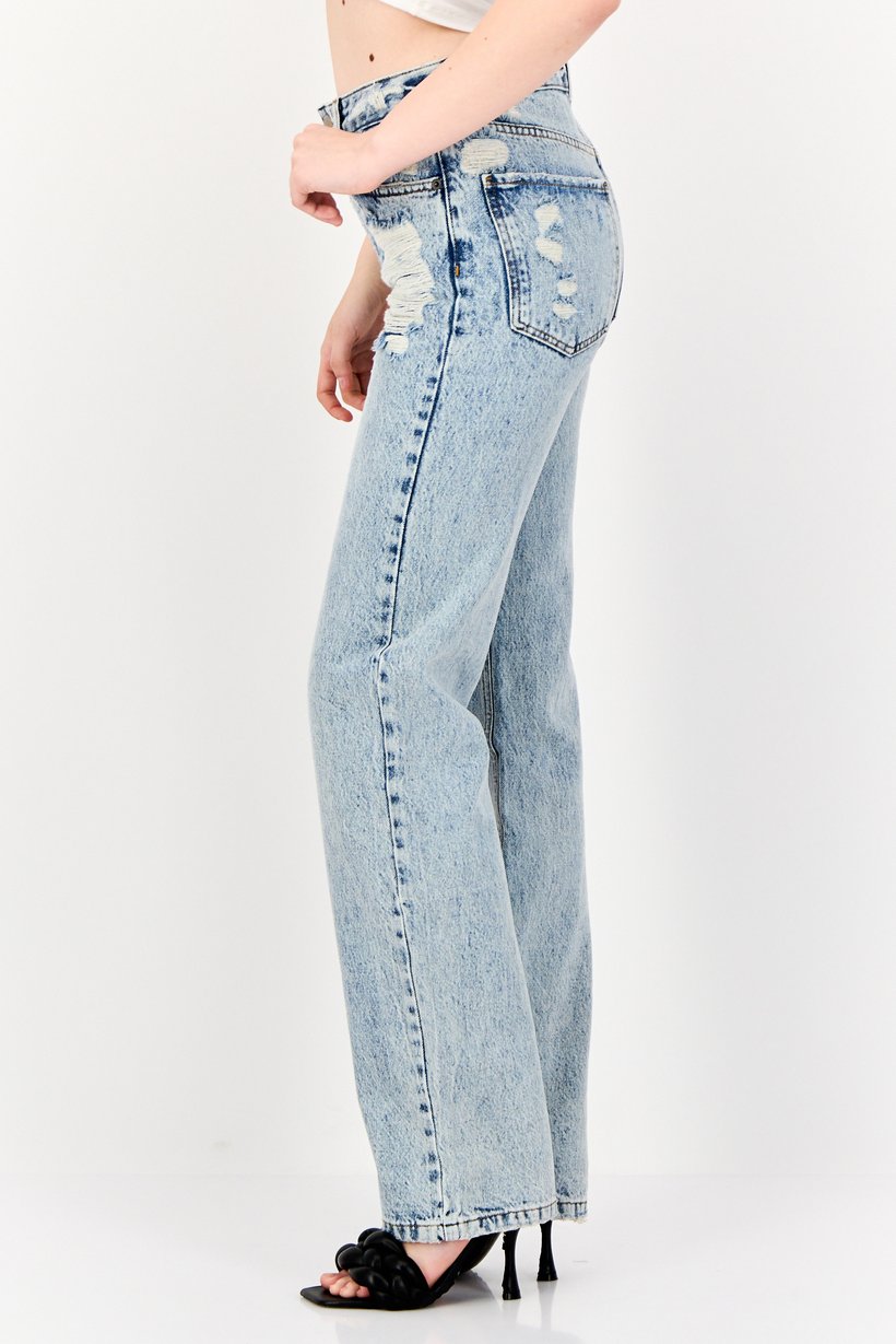 Women Straight Fit Mid Waist Distressed Non-Stretchable Denim, Blue
