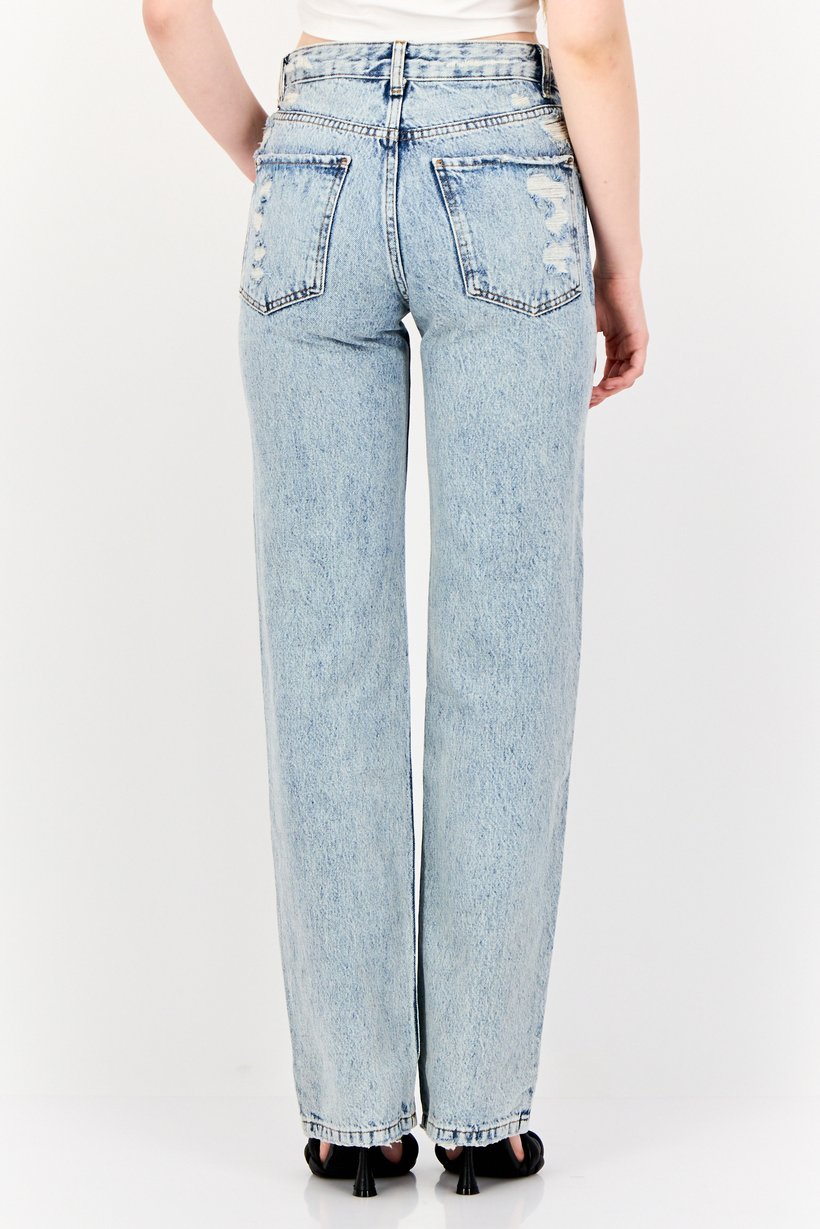Women Straight Fit Mid Waist Distressed Non-Stretchable Denim, Blue
