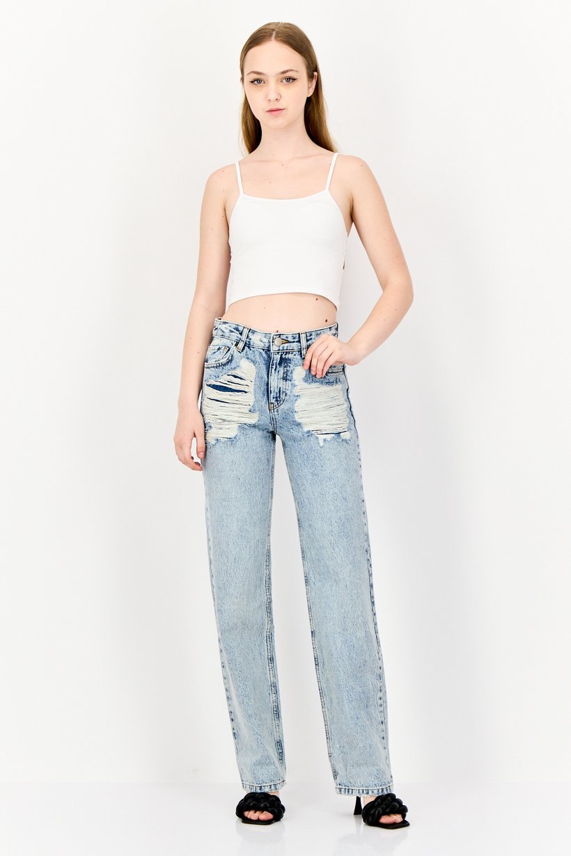 Women Straight Fit Mid Waist Distressed Non-Stretchable Denim, Blue