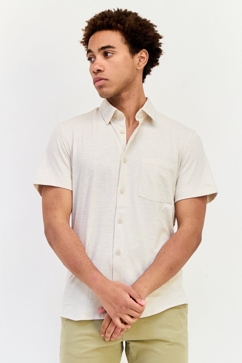 Men Regular Fit Heather Short Sleeves Casual Shirt, Cream