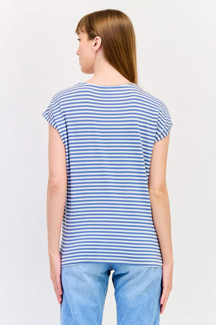 Women Round Neck Cap Sleeves Yarn Dye T-Shirt, Multicolor