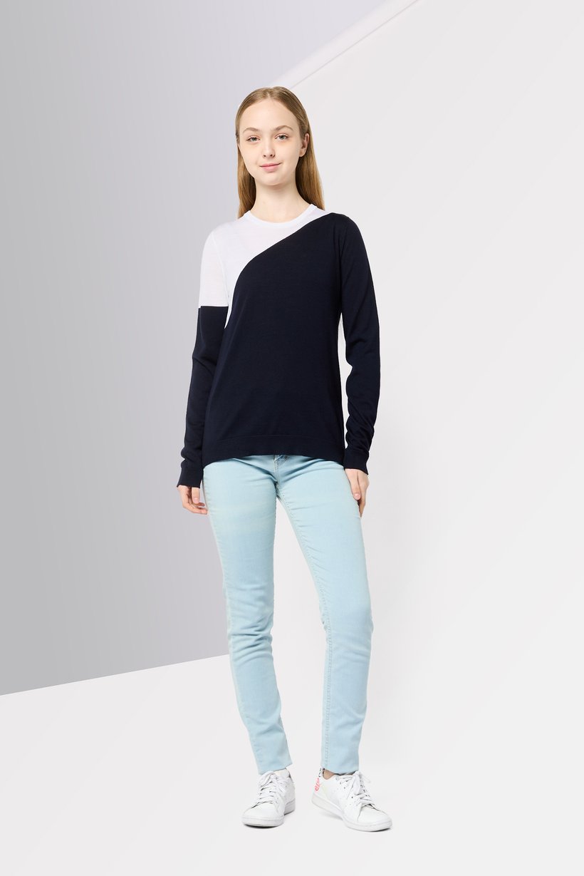 Women Crew Neck Two-Tone Sweater, Navy