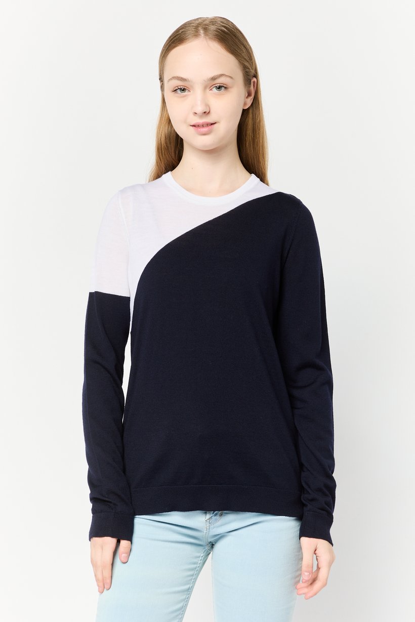 Women Crew Neck Two-Tone Sweater, Navy