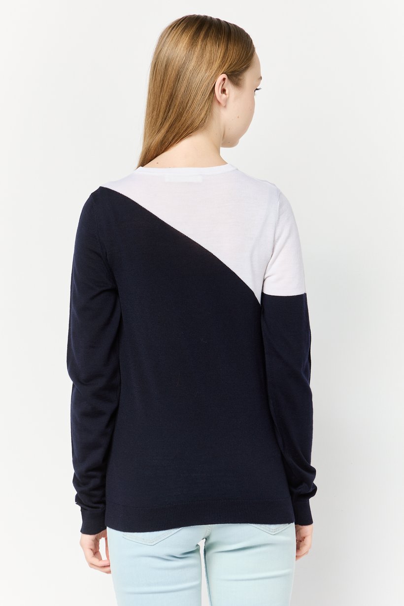 Women Crew Neck Two-Tone Sweater, Navy