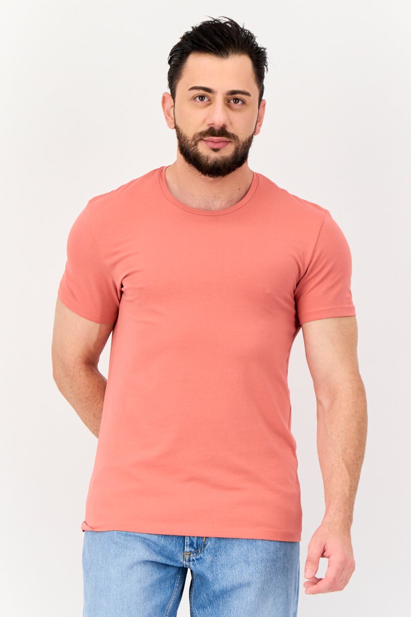 Men Crew Neck Short Sleeves Solid T-Shirt, Rose