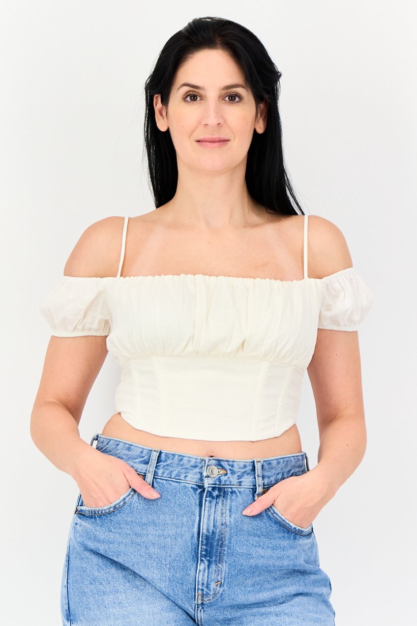 Buy Bershka Women Square Neck Short Sleeve Textured Top, Off White ...