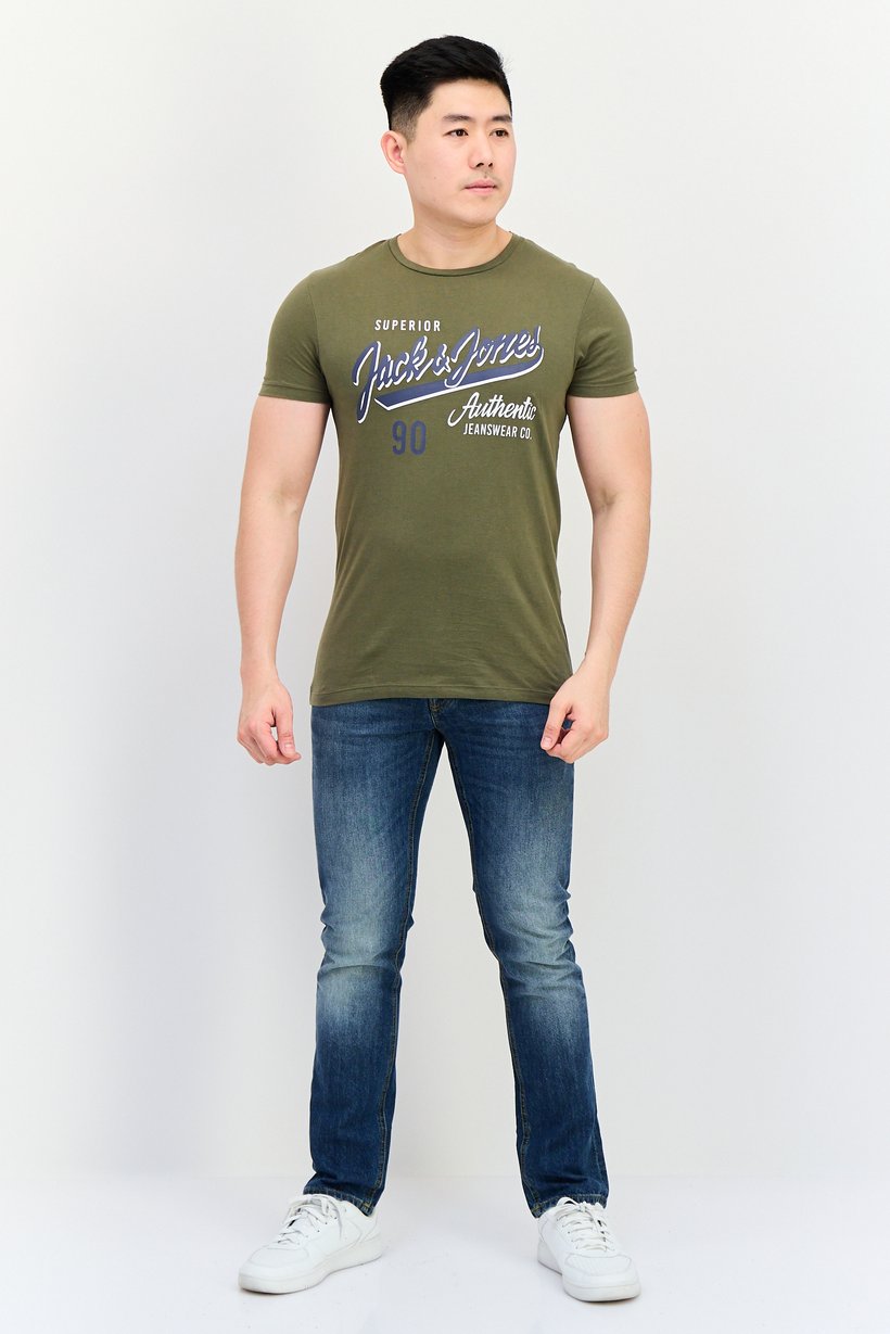 Men Crew Neck Short Sleeves Graphic Print T-Shirt, Olive