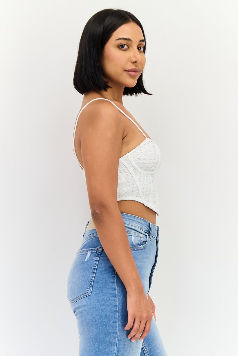 Women Square Neck Sleeveless Textured Tops, White