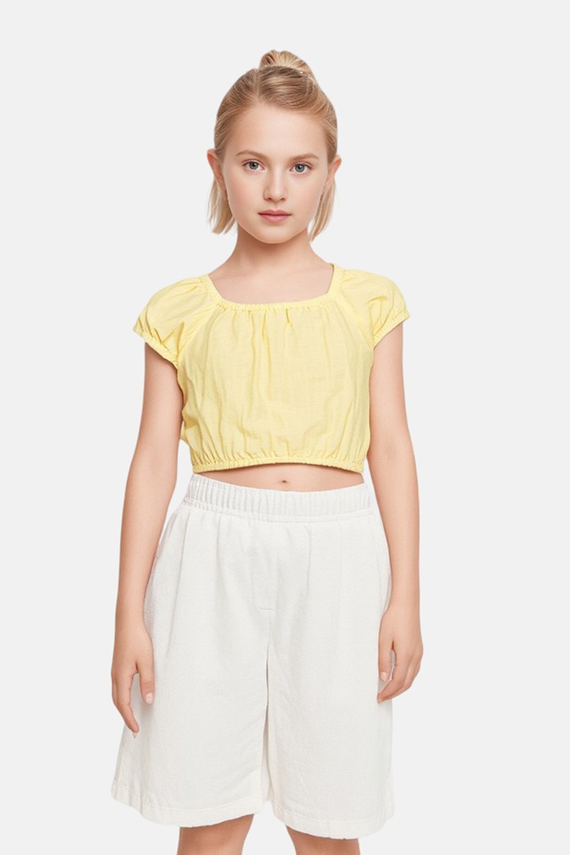 Kids Girl Square Neck Short Sleeve Plain Top, Yellow