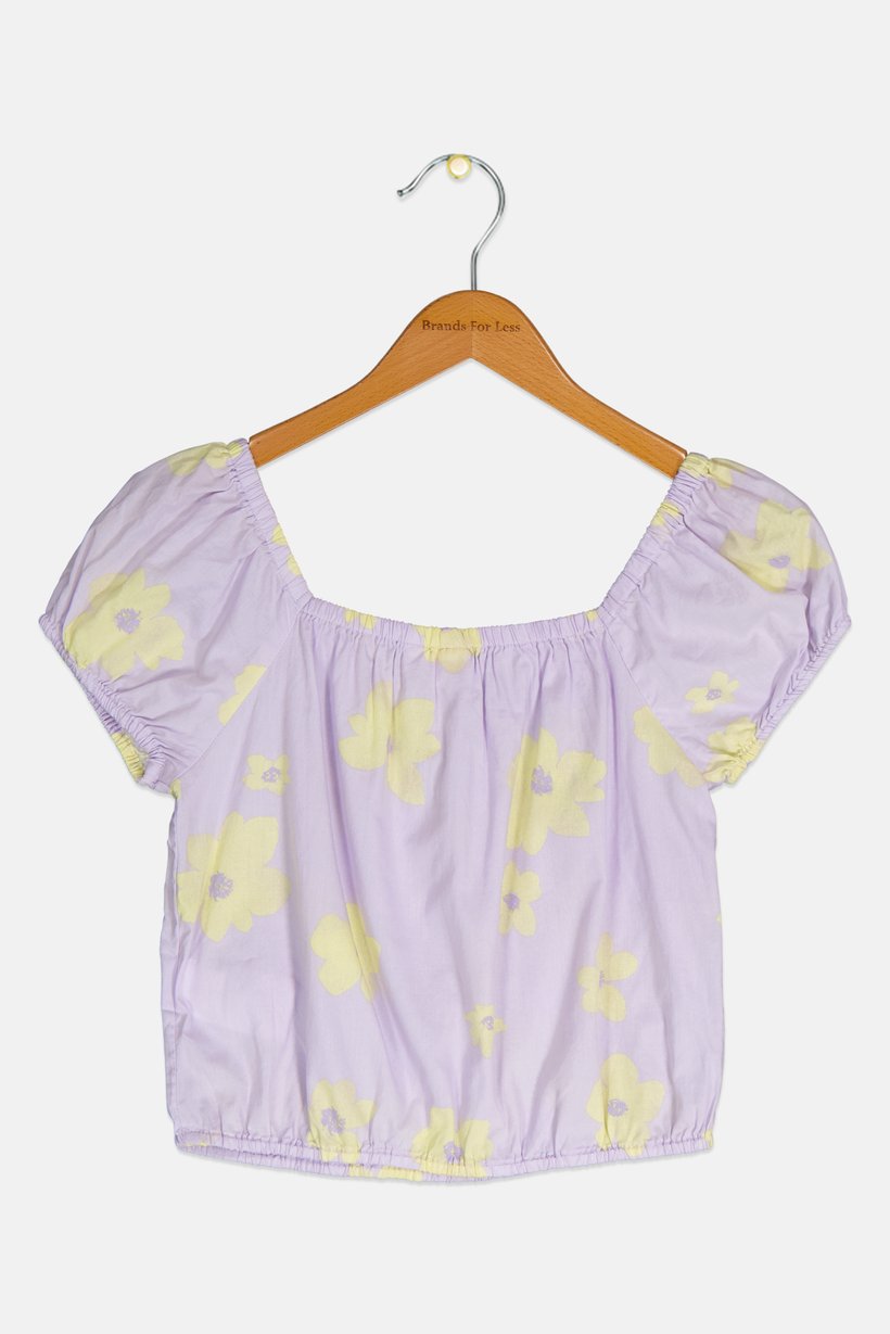 Kids Girl Square Neck Short Sleeves Floral Top, Multicolor