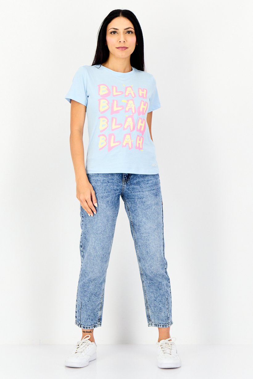 Women Crew Neck Short Sleeve Graphic Print T-Shirt, Light Blue