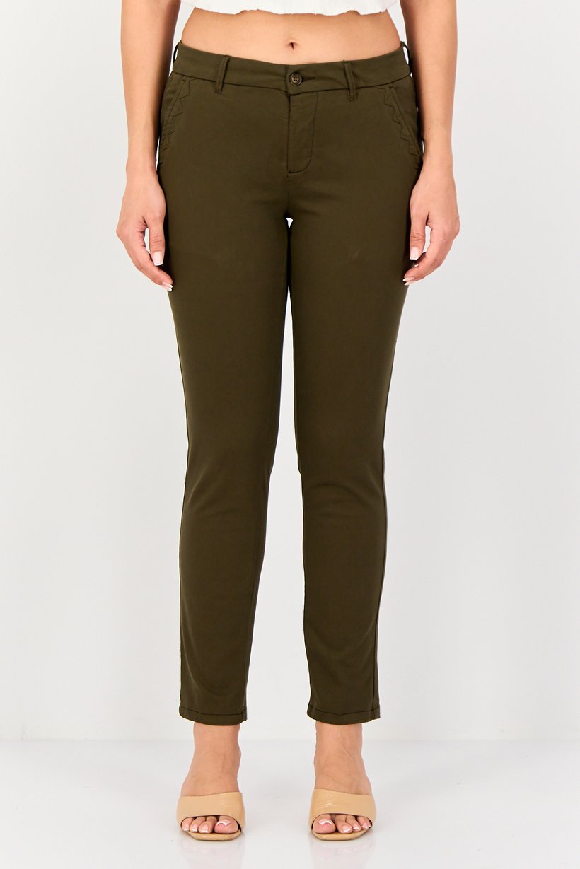 Women Chino Fit Plain Straight Leg Pants, Olive