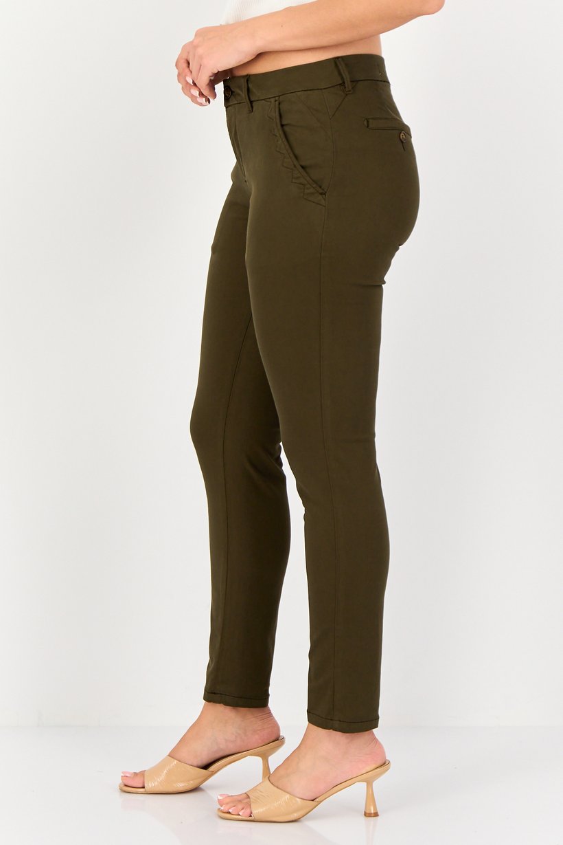 Women Chino Fit Plain Straight Leg Pants, Olive