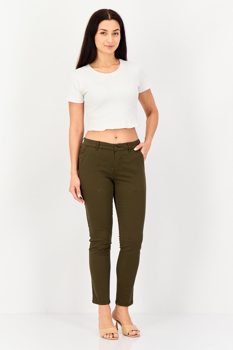 Women Chino Fit Plain Straight Leg Pants, Olive