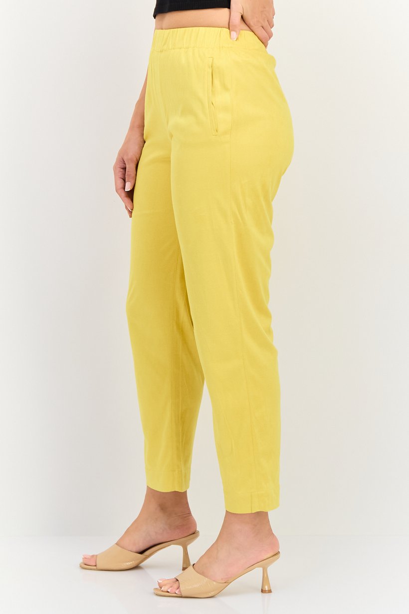 Women Street Fit Textured Straight Leg Pants, Mustard Yellow