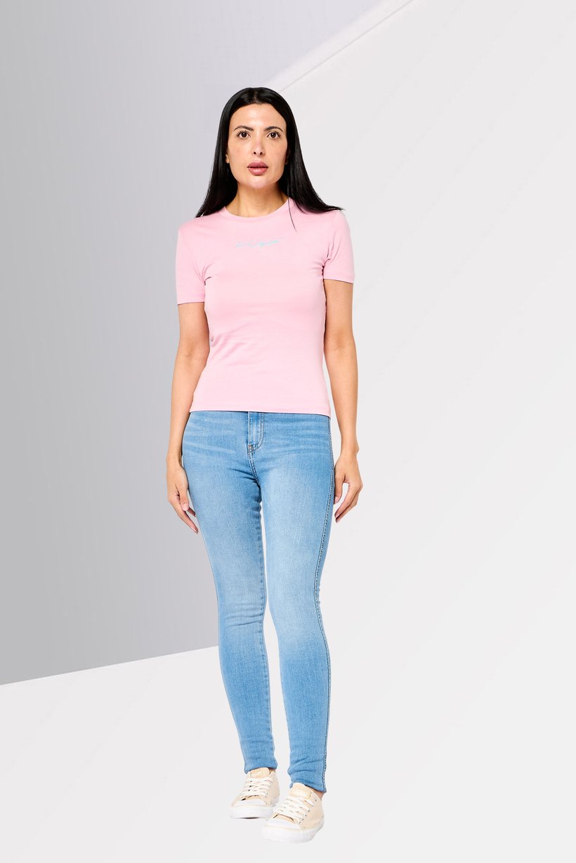 Women Round Neck Short Sleeve Embroidered Logo T-Shirt, Pink