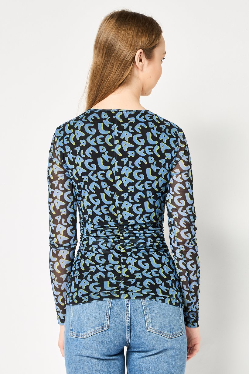 Women Round Neck Long Sleeve Allover Print Top, Multicolor