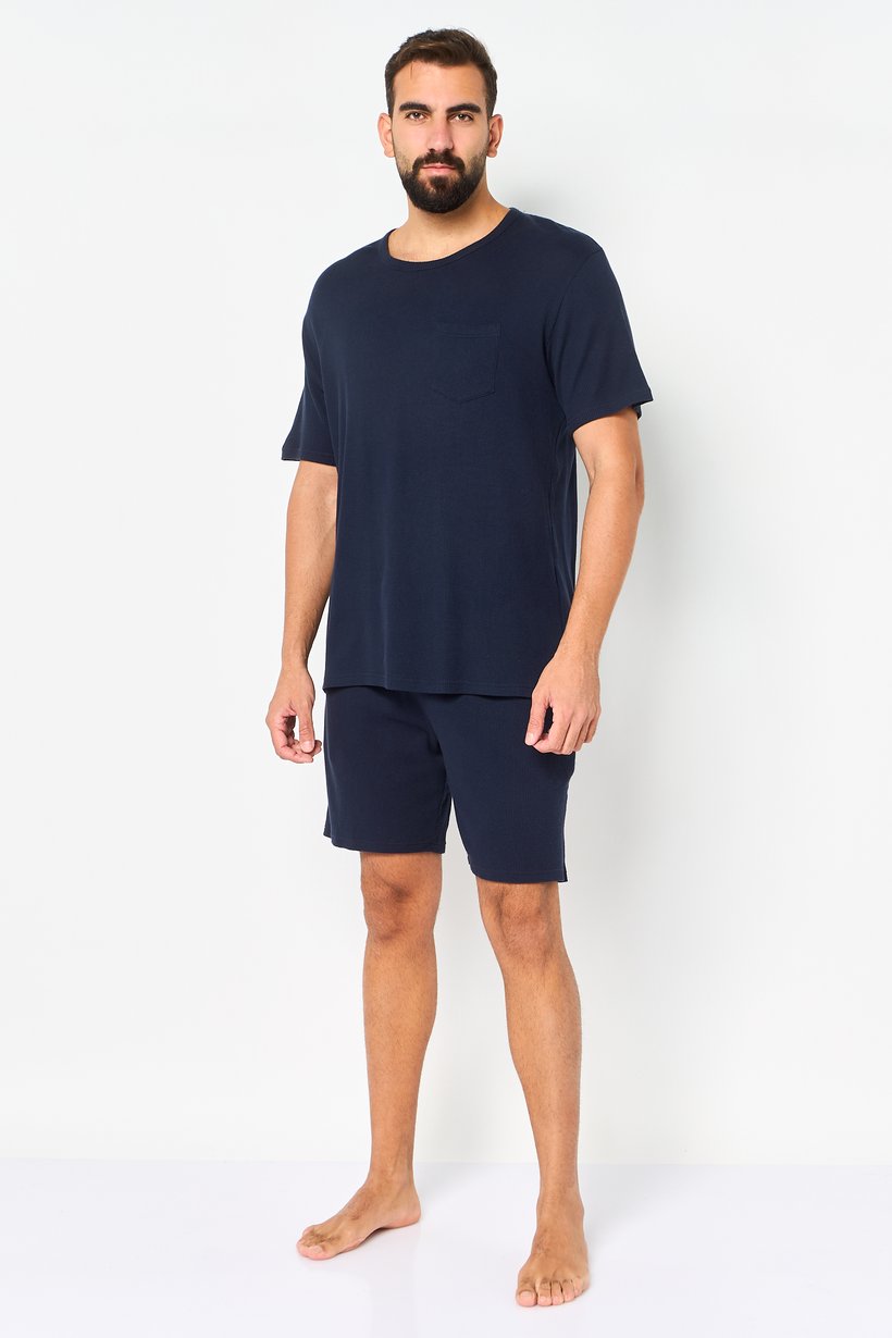 Men 2 Pcs Textured T-Shirt And Short Pyjama Set, Navy