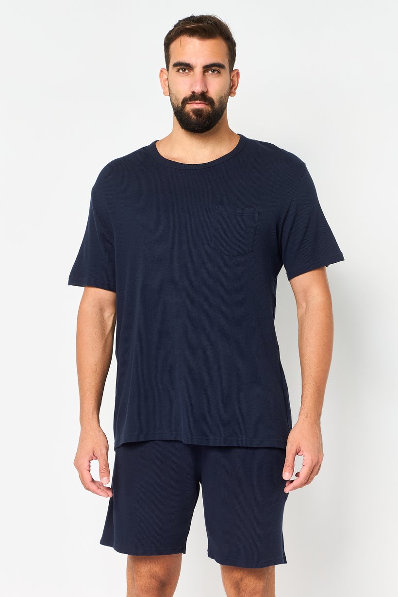 Men 2 Pcs Textured T-Shirt And Short Pyjama Set, Navy