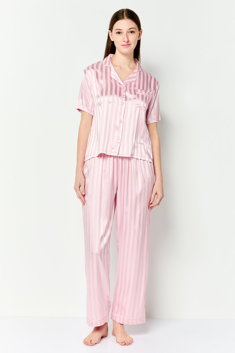 Women 2 Pieces Stripe Short Sleeve Pajamas Set, Pink