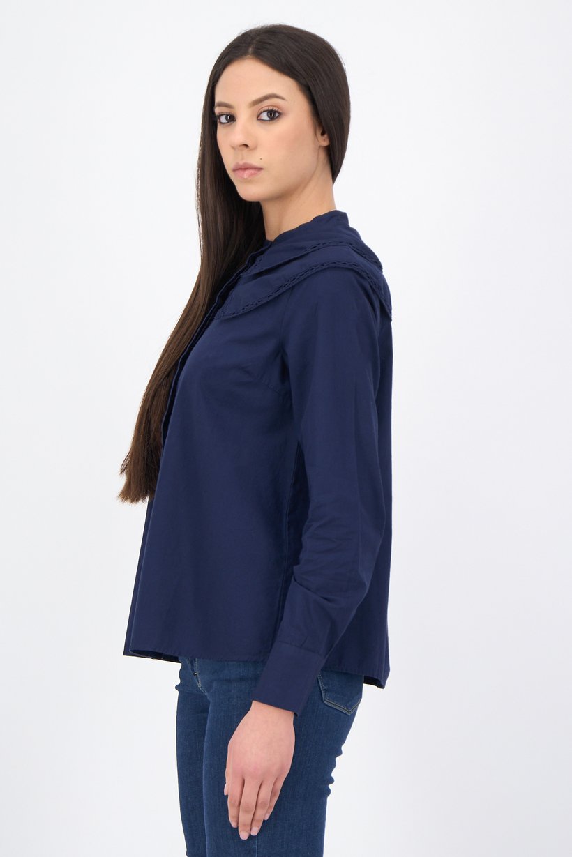 Women Mandarin Collar Long Sleeve Tiered Detail Shirts, Navy