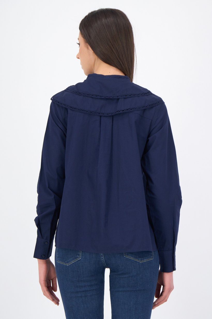 Women Mandarin Collar Long Sleeve Tiered Detail Shirts, Navy