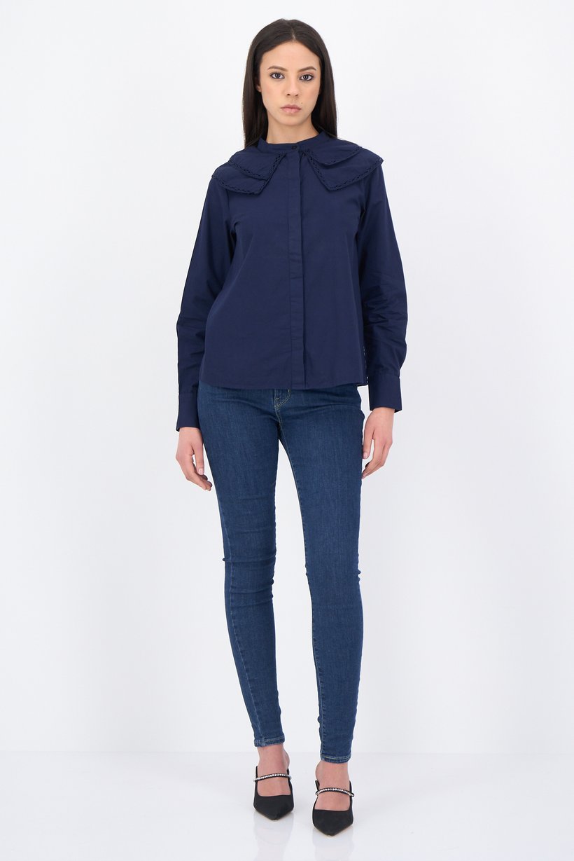 Women Mandarin Collar Long Sleeve Tiered Detail Shirts, Navy