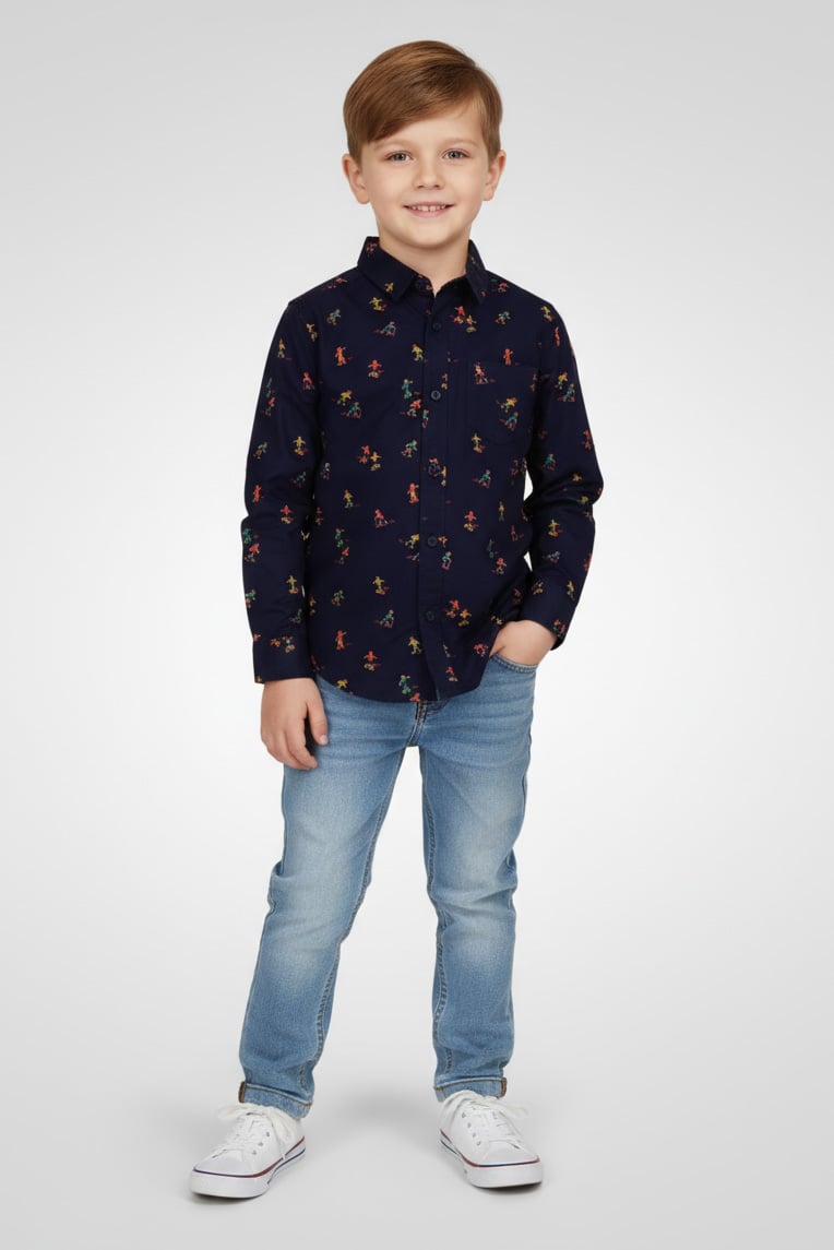 Buy Hamleys Kids Boy Spread Neck Long Sleeve Allover Print Shirt, Navy ...