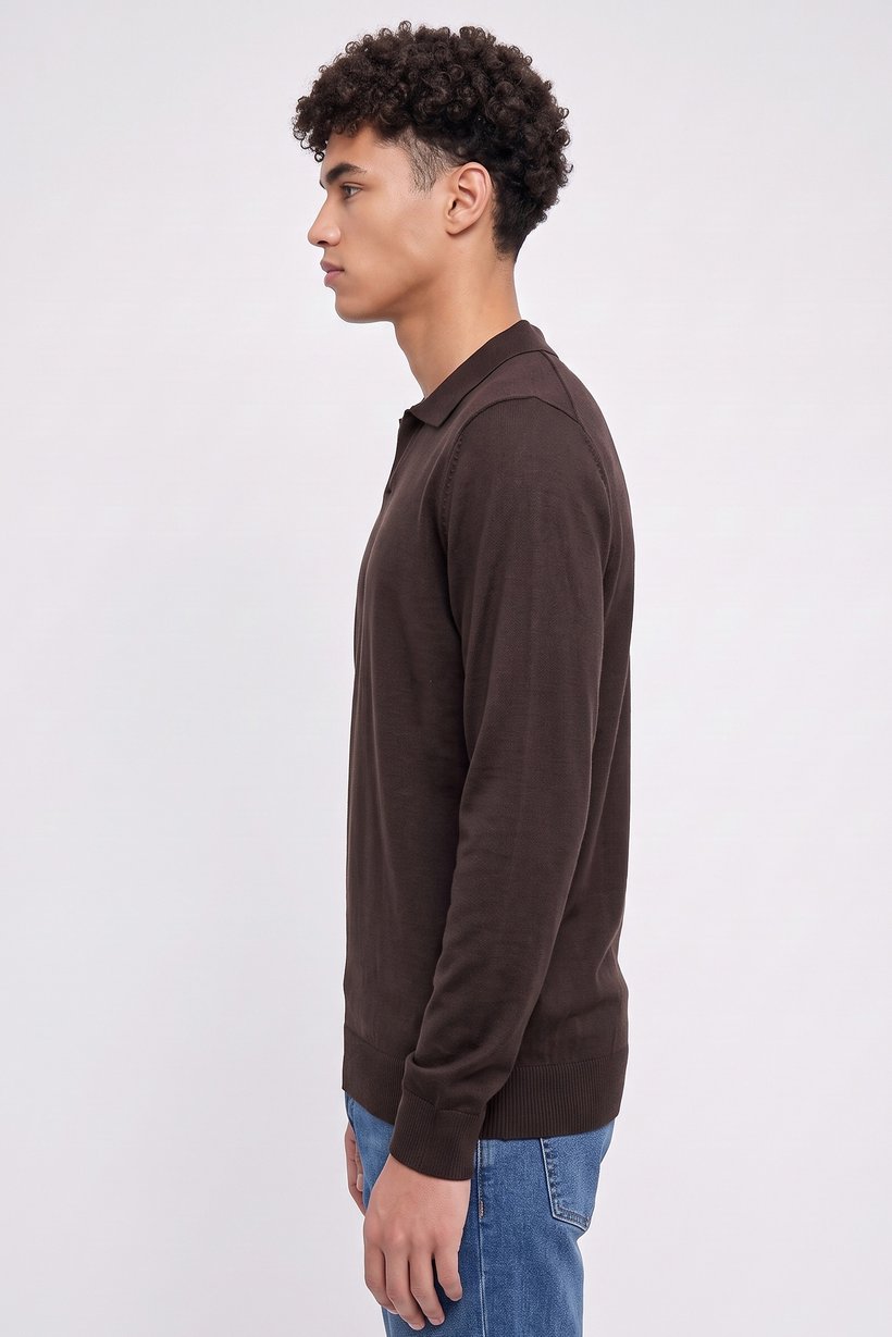Men Spread Collar Textured Sweater, Dark Brown