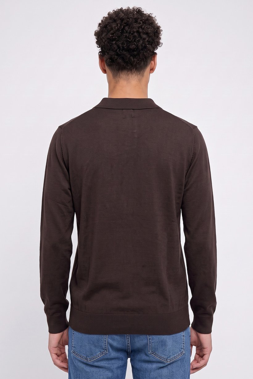 Men Spread Collar Textured Sweater, Dark Brown