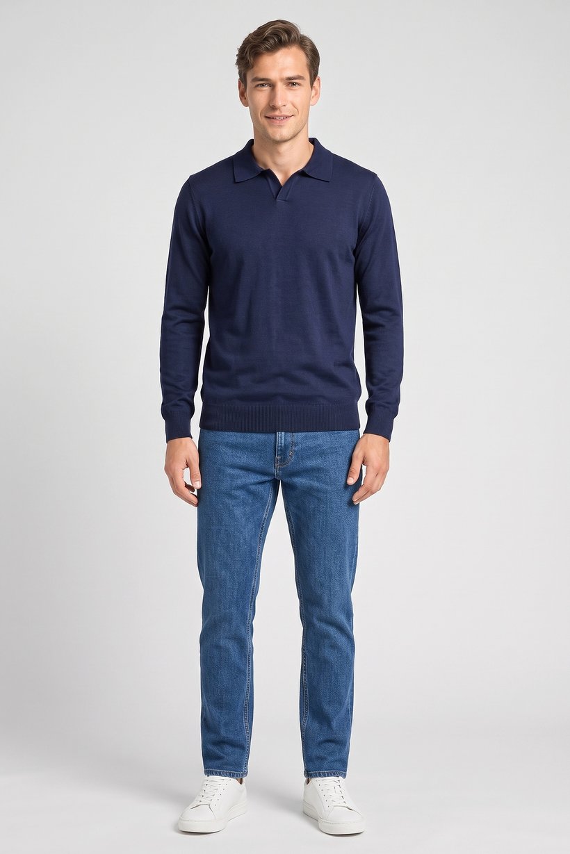 Men Spread Collar Knitted Sweater, Dark Navy