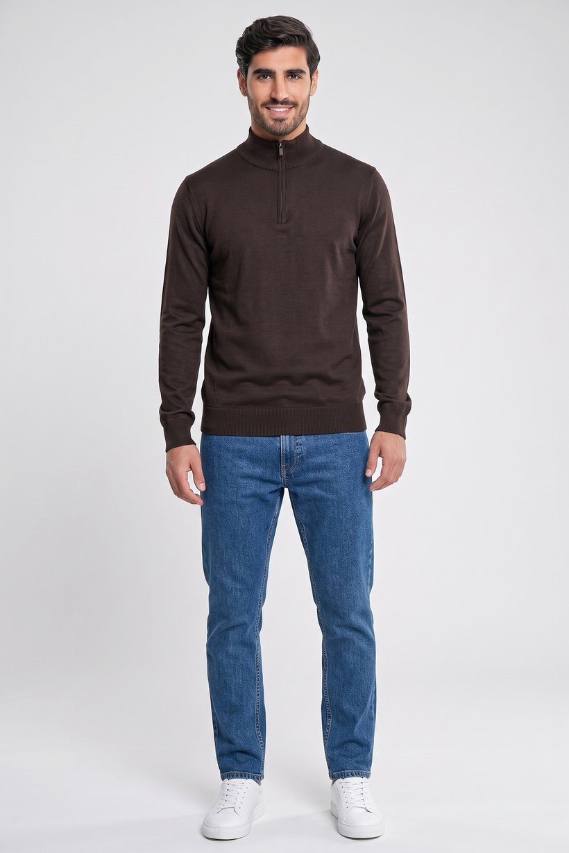 Men High Neck Long Sleeve Textured Sweater, Med Brown