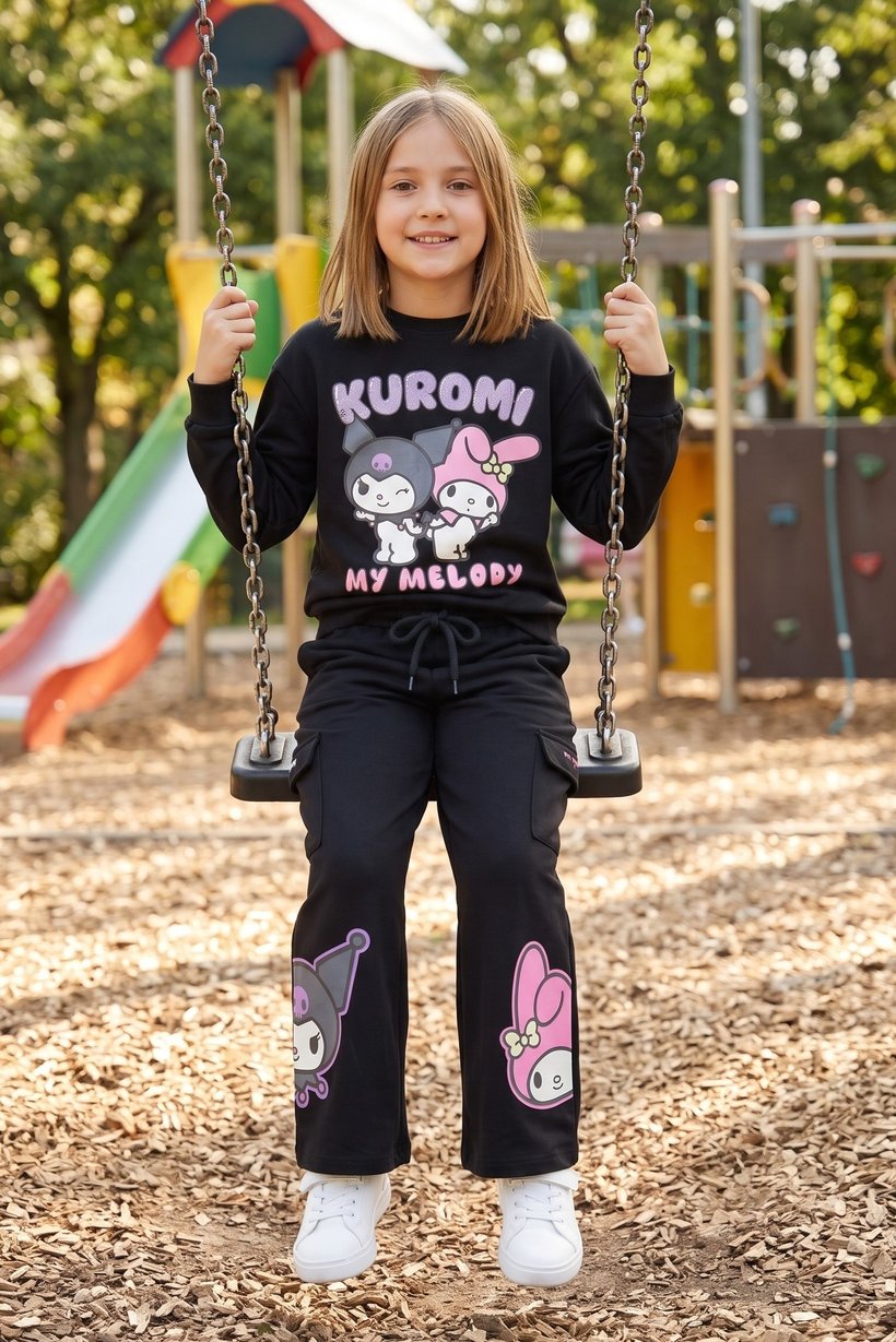 Kids Girl 2 Pieces Hello Kitty And Friend Sweatshirt And Pants Set, Black